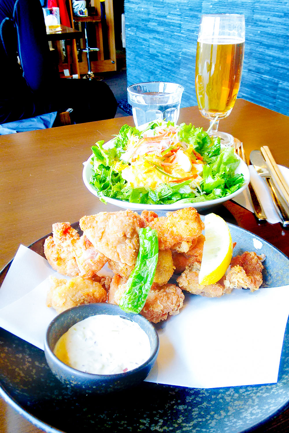 Japanese fried chicken tofu salad and beer