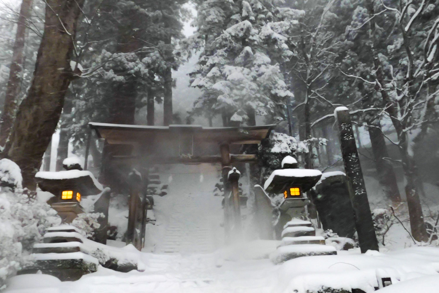 torii gate and shinto shrine covered in snow