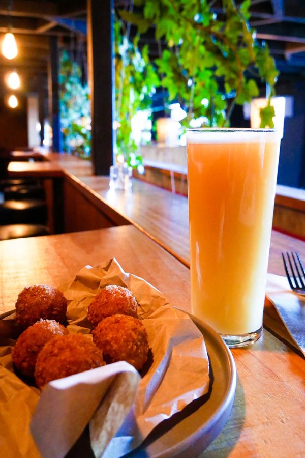 A plate of croquettes and a glass of beer at Sherwood hotel